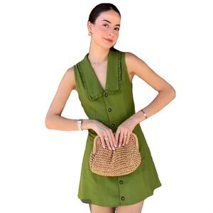 Green Sleeveless Peter Pan Bib Collar Button-Up Mini Dress Linen Blend Preppy